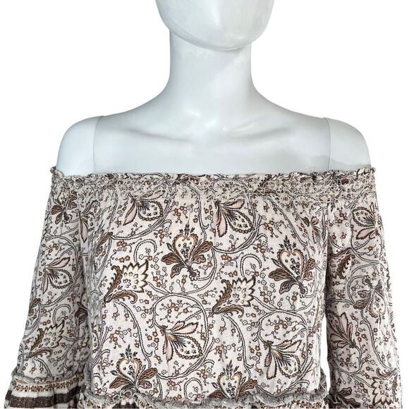 American Eagle Women’s M Cold Shoulder Neutrals Floral Long Sleeve Blouse Top - Picture 2 of 6